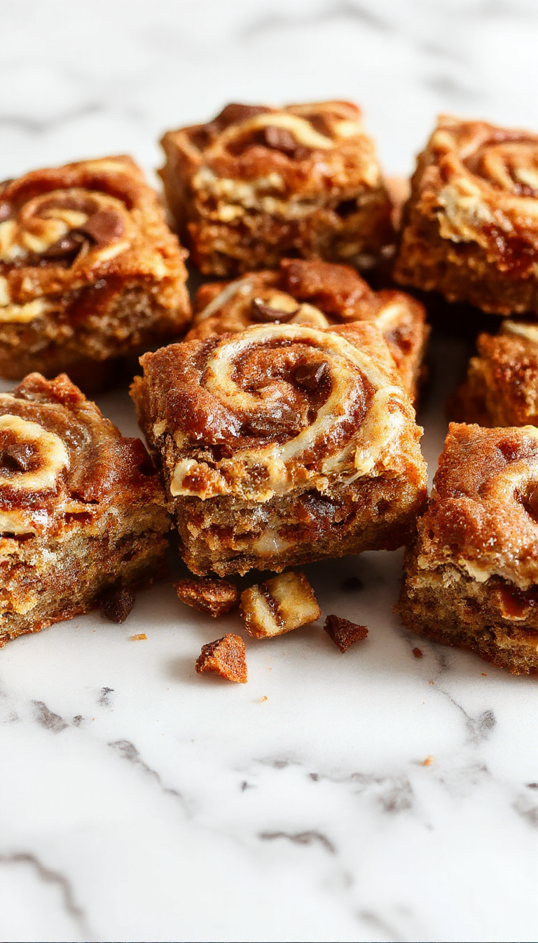 A close-up of a freshly baked cinnamon swirl snickerdoodle blondie bar, showcasing its golden-brown top with cinnamon swirls and a slightly crackled surface. The edges are slightly crisp, with a soft, chewy center visible at the cut edge. The blondie is placed on a rustic wooden surface, garnished with a sprinkle of cinnamon and a few additional swirls visible within the cut piece.