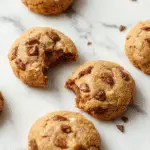 A plate of Coffee Cake Cookies featuring golden-brown edges and a crumbly topping, arranged on a rustic wooden surface, with a few cookies stacked and crumbs visible, styled with a dusting of powdered sugar and fresh coffee beans nearby.