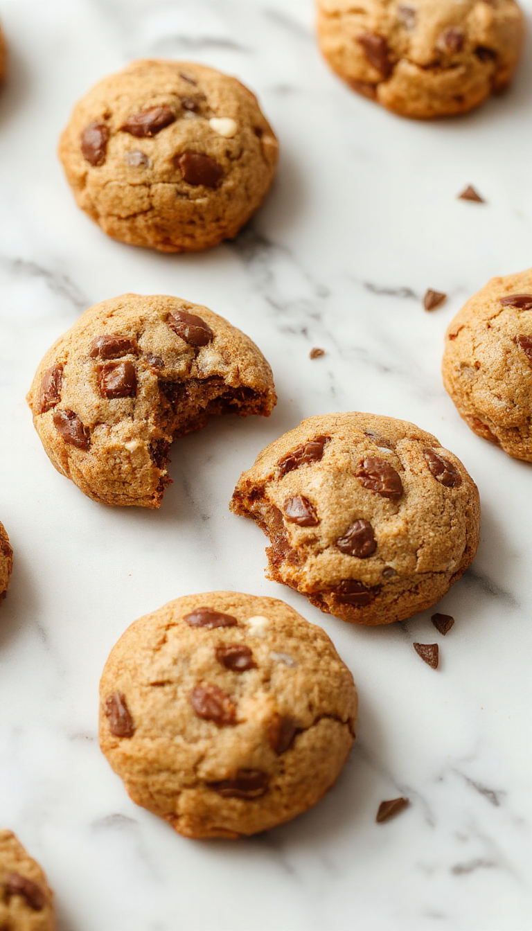 A plate of Coffee Cake Cookies featuring golden-brown edges and a crumbly topping, arranged on a rustic wooden surface, with a few cookies stacked and crumbs visible, styled with a dusting of powdered sugar and fresh coffee beans nearby.