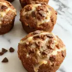 A close-up of freshly baked coffee cake muffins arranged on a rustic wooden plate, showcasing golden-brown tops sprinkled with cinnamon sugar crumble, with a soft crumbly texture visible on the cut sides, accompanied by a steaming cup of coffee in the background.