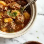 A hearty beef stew served in a rustic white bowl, featuring tender chunks of beef, carrots, potatoes, and celery immersed in a rich brown gravy, garnished with chopped fresh parsley. The bowl rests on a wooden table with a spoon beside it, steam gently rising to evoke warmth and comfort.