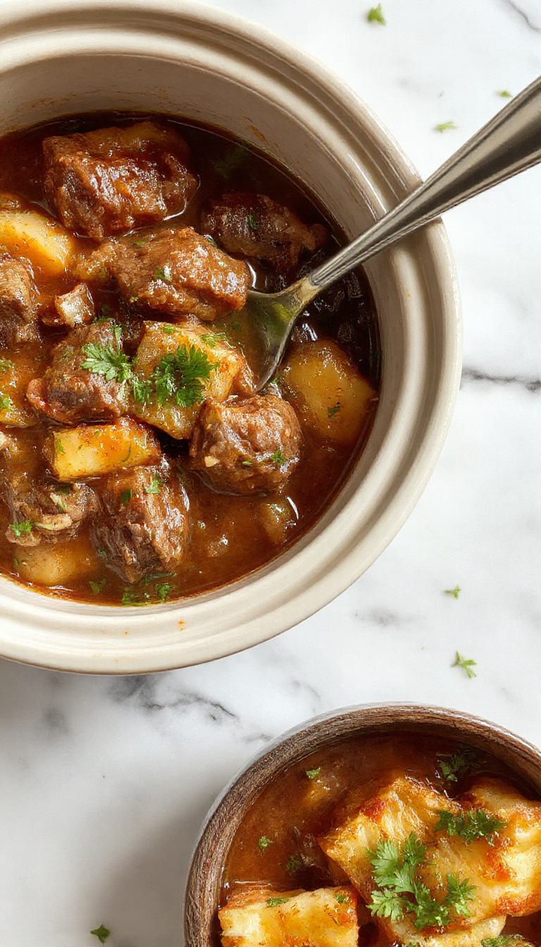 A hearty beef stew served in a rustic white bowl, featuring tender chunks of beef, carrots, potatoes, and celery immersed in a rich brown gravy, garnished with chopped fresh parsley. The bowl rests on a wooden table with a spoon beside it, steam gently rising to evoke warmth and comfort.