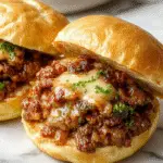 A close-up of a juicy, golden-brown Sloppy Joe sandwich featuring melted cheese oozing over ground beef topped with caramelized onions, served on a toasted bun with fresh lettuce visible in the background.