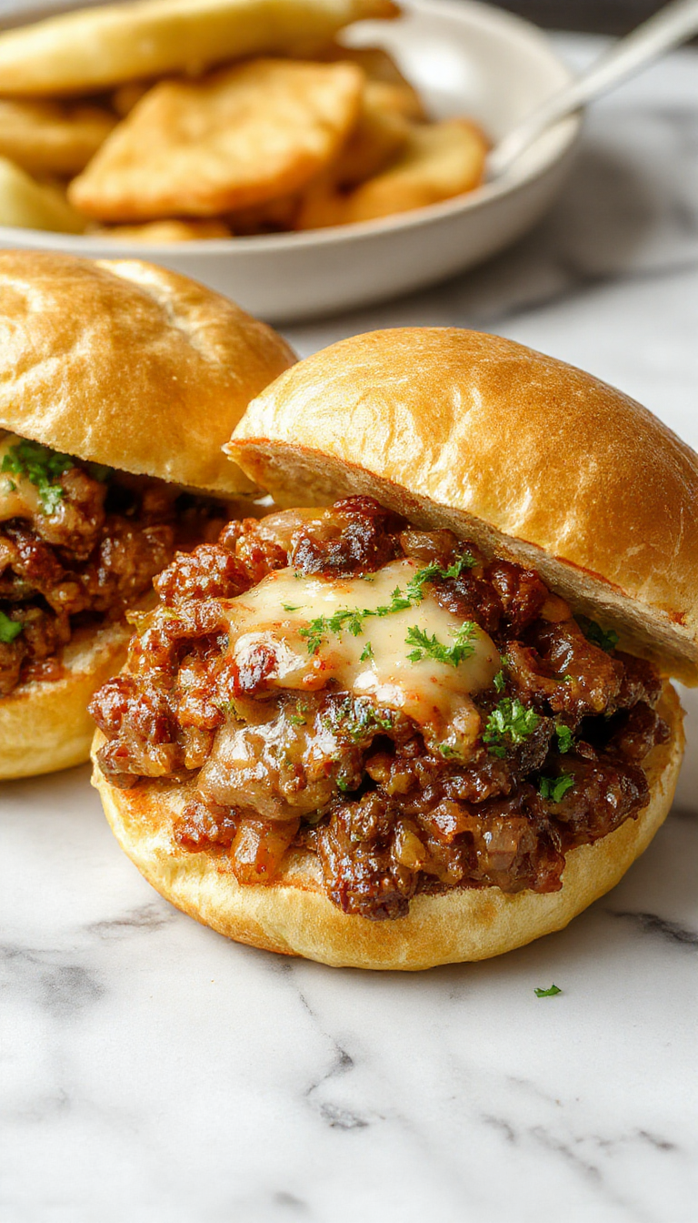A close-up of a juicy, golden-brown Sloppy Joe sandwich featuring melted cheese oozing over ground beef topped with caramelized onions, served on a toasted bun with fresh lettuce visible in the background.