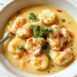 A bowl of creamy Chicken Gnocchi Soup with tender gnocchi, shredded chicken, fresh green herbs, and a rich broth, topped with a sprinkle of grated Parmesan cheese. The soup is presented in a rustic bowl on a wooden table, with a spoon and a side of crusty bread visible nearby, emphasizing warm, comforting textures and inviting colors.