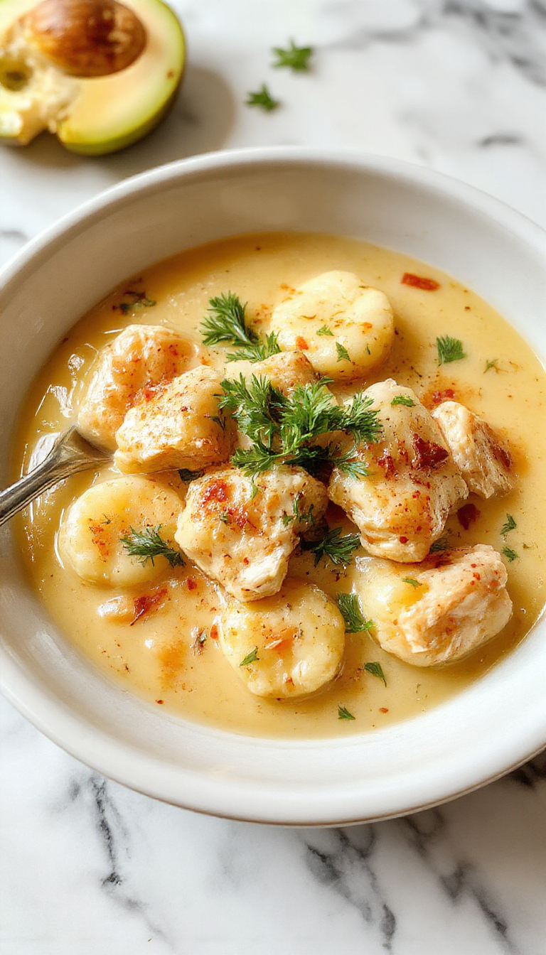 A bowl of creamy Chicken Gnocchi Soup with tender gnocchi, shredded chicken, fresh green herbs, and a rich broth, topped with a sprinkle of grated Parmesan cheese. The soup is presented in a rustic bowl on a wooden table, with a spoon and a side of crusty bread visible nearby, emphasizing warm, comforting textures and inviting colors.