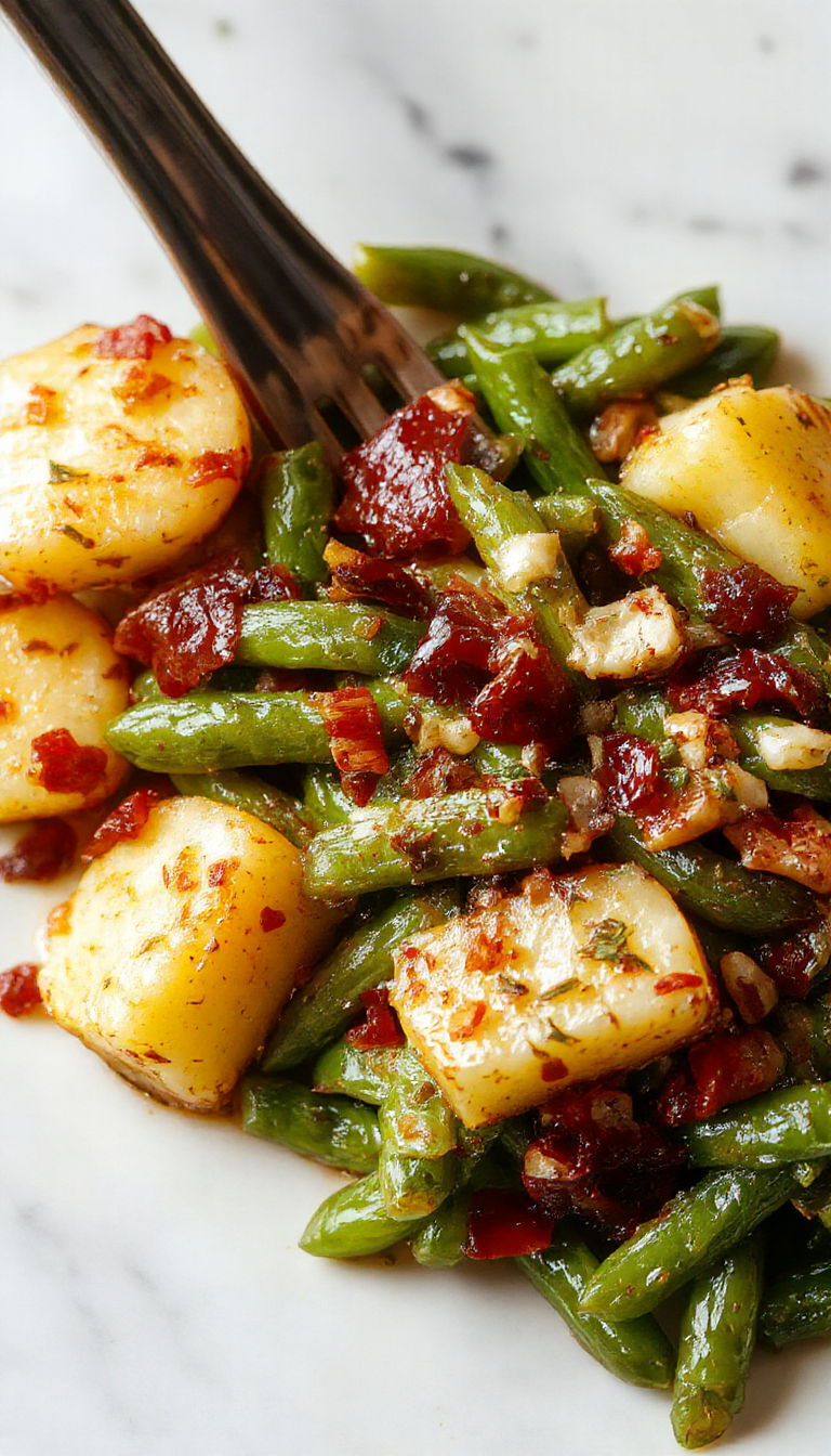 A rustic plate featuring vibrant green beans topped with crispy bacon bits and tender roasted potatoes, all arranged neatly with a garnish of fresh herbs, set against a warm wooden table background.