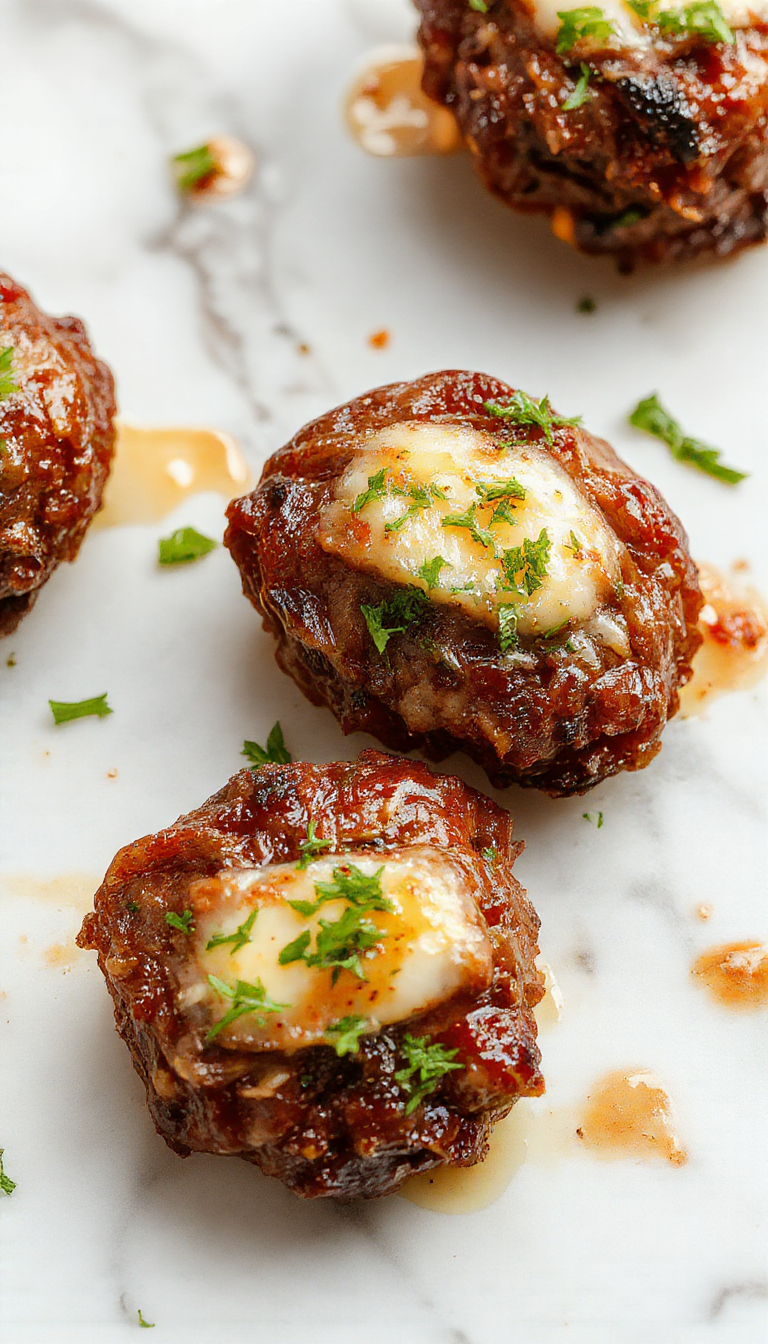 A close-up shot of golden-brown Cowboy Butter Steak Bites arranged on a rustic wooden platter. The steak pieces are glistening with melted butter and herb seasoning, garnished with chopped parsley. The background features a grill, with a few steak bites on skewers, and a drizzle of sauce highlighting their juicy interior. Plate presentation emphasizes the mouth-watering texture and rich color of the meat.