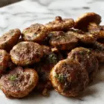 A close-up of hearty cowboy mushrooms sautéed to golden brown with visible herbs and spices, served in a rustic skillet garnished with fresh herbs, showcasing their tender texture and flavorful exterior.