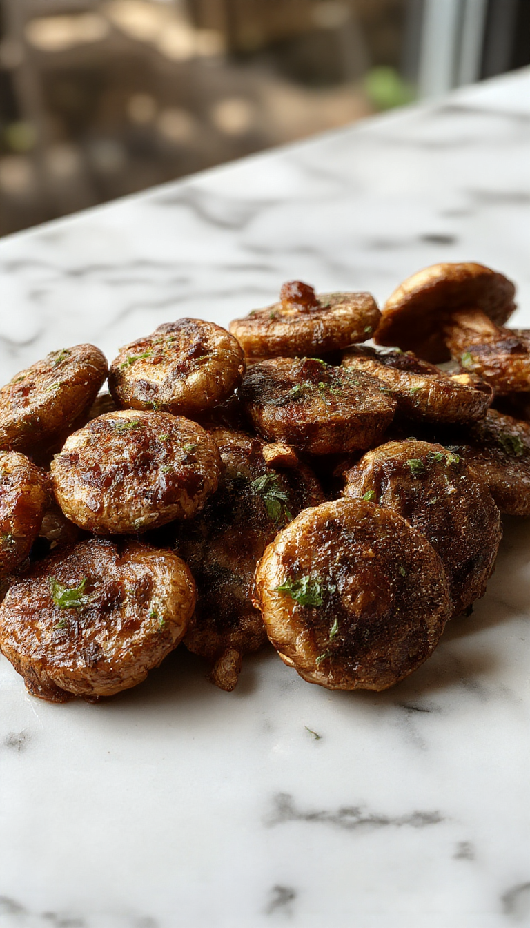 A close-up of hearty cowboy mushrooms sautรฉed to golden brown with visible herbs and spices, served in a rustic skillet garnished with fresh herbs, showcasing their tender texture and flavorful exterior.