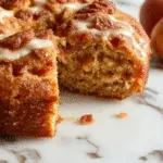 A slices of moist, golden-brown applesauce cake with a slightly cracked top, garnished with a cinnamon dusting and a side of fresh apple slices, presented on a rustic wooden table with a vintage plate and a cup of coffee nearby.