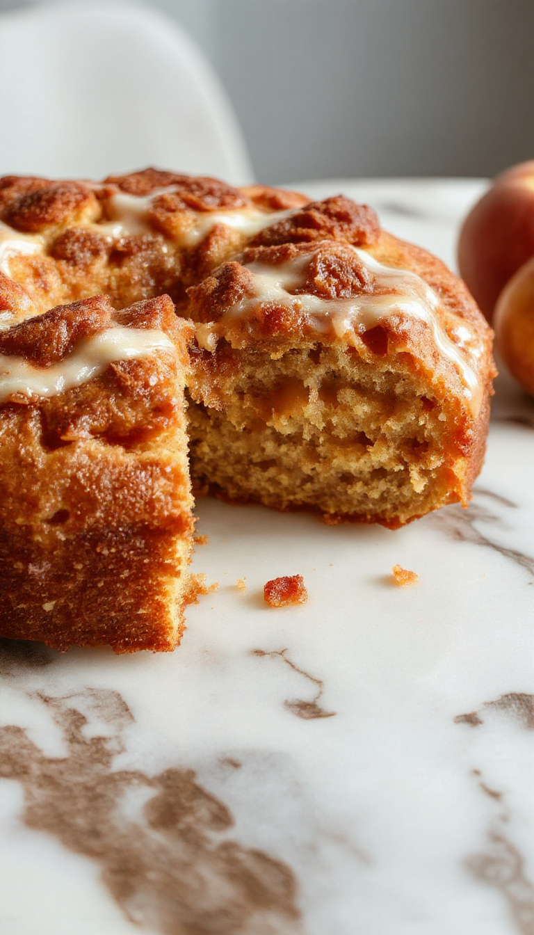 A slices of moist, golden-brown applesauce cake with a slightly cracked top, garnished with a cinnamon dusting and a side of fresh apple slices, presented on a rustic wooden table with a vintage plate and a cup of coffee nearby.