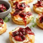 A close-up of golden-brown crescent-shaped pastry bites filled with vibrant red cranberry and smooth cream cheese, arranged on a white platter with sprigs of fresh herbs and a scattering of whole cranberries for garnish.