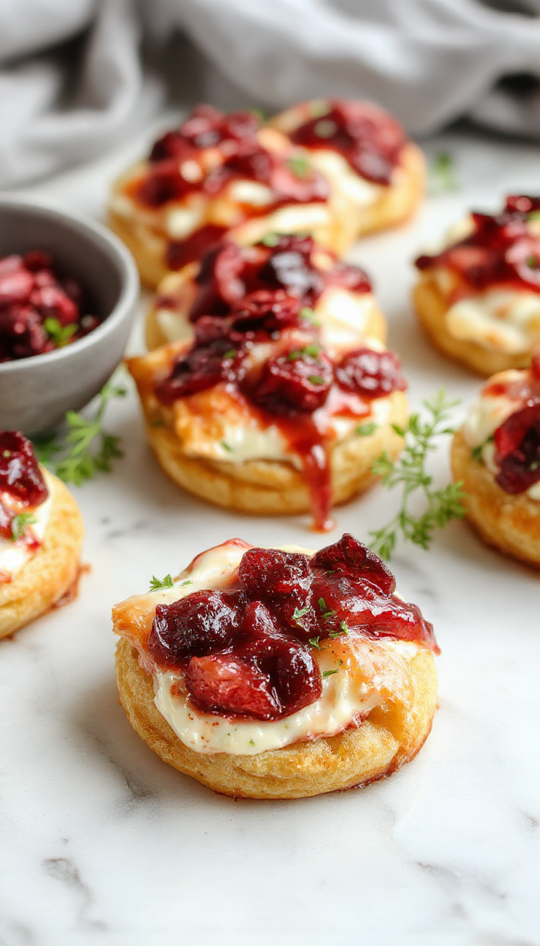 A close-up of golden-brown crescent-shaped pastry bites filled with vibrant red cranberry and smooth cream cheese, arranged on a white platter with sprigs of fresh herbs and a scattering of whole cranberries for garnish.