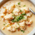 A steaming bowl of creamy chicken and rice soup is centered on a rustic wooden table. The soup has a smooth, velvety texture with tender pieces of chicken, fluffy rice, and garnished with chopped fresh herbs. Surrounding the bowl are slices of crusty bread, a sprinkle of black pepper, and a small bowl of chopped parsley for added freshness. The warm tones and inviting presentation highlight the comforting nature of the dish.