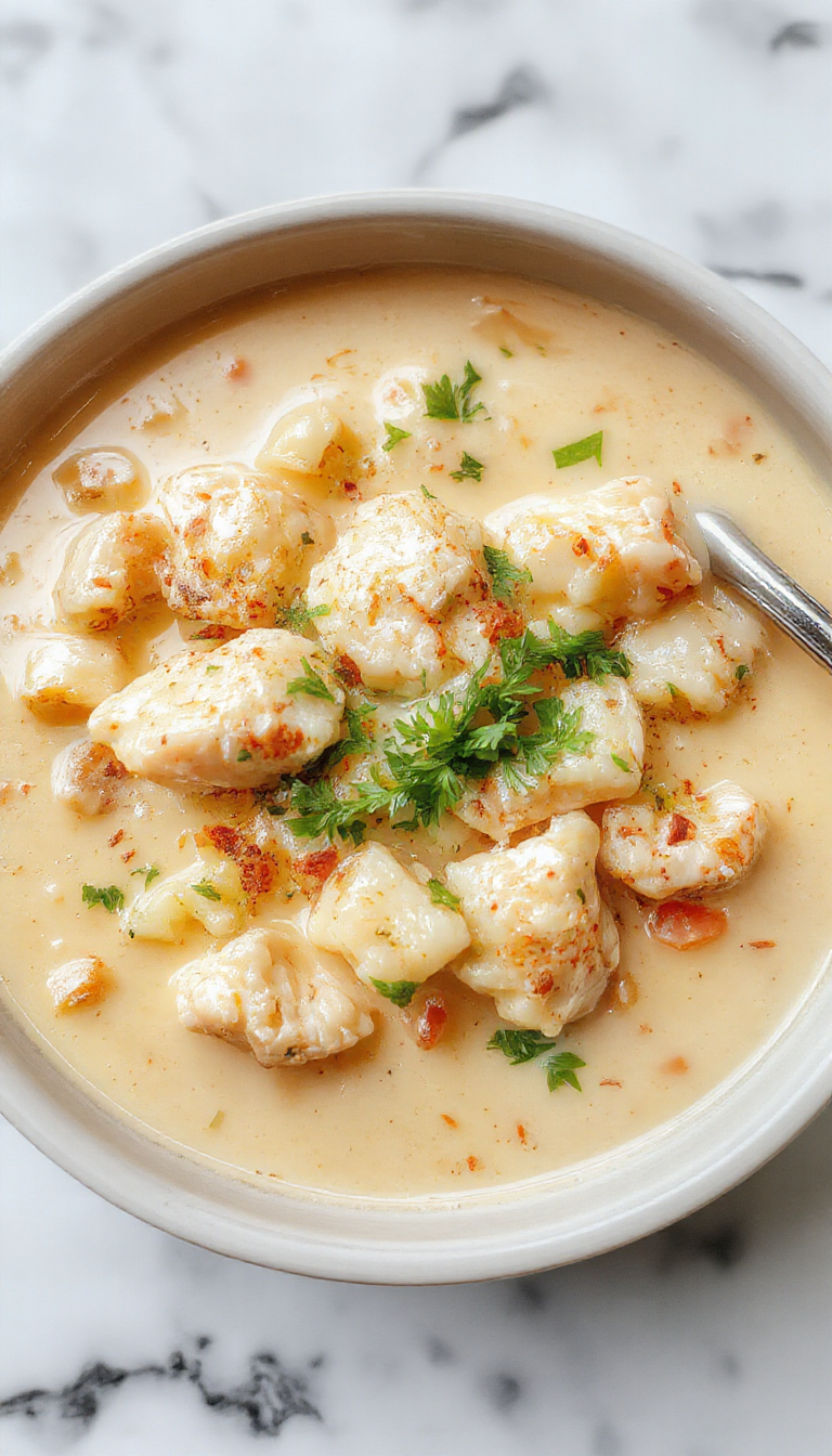 A steaming bowl of creamy chicken and rice soup is centered on a rustic wooden table. The soup has a smooth, velvety texture with tender pieces of chicken, fluffy rice, and garnished with chopped fresh herbs. Surrounding the bowl are slices of crusty bread, a sprinkle of black pepper, and a small bowl of chopped parsley for added freshness. The warm tones and inviting presentation highlight the comforting nature of the dish.