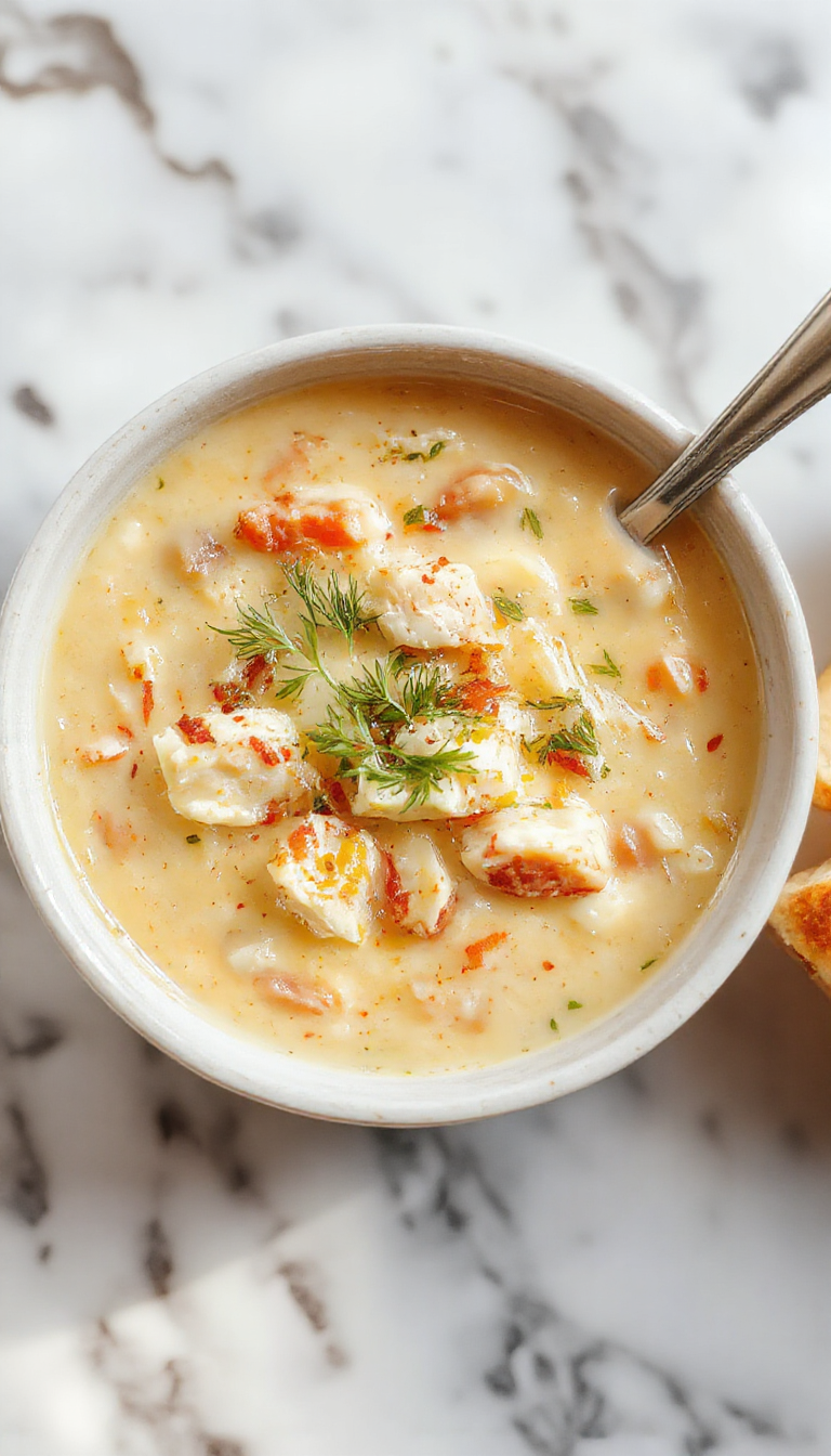 A steaming bowl of creamy white chicken and wild rice soup garnished with fresh herbs, with visible chunks of chicken, rice, and celery in a rich, velvety broth, styled with a rustic spoon and a napkin beside it. The background features a cozy kitchen setting, emphasizing warmth and comfort.