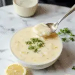 A creamy, pale green soup served in a white bowl garnished with a sprig of fresh herbs and a wedge of lemon. The soup's smooth texture is visible, and the bowl is placed on a rustic wooden surface with a background of fresh artichokes and lemon slices, evoking a fresh, summery feel.