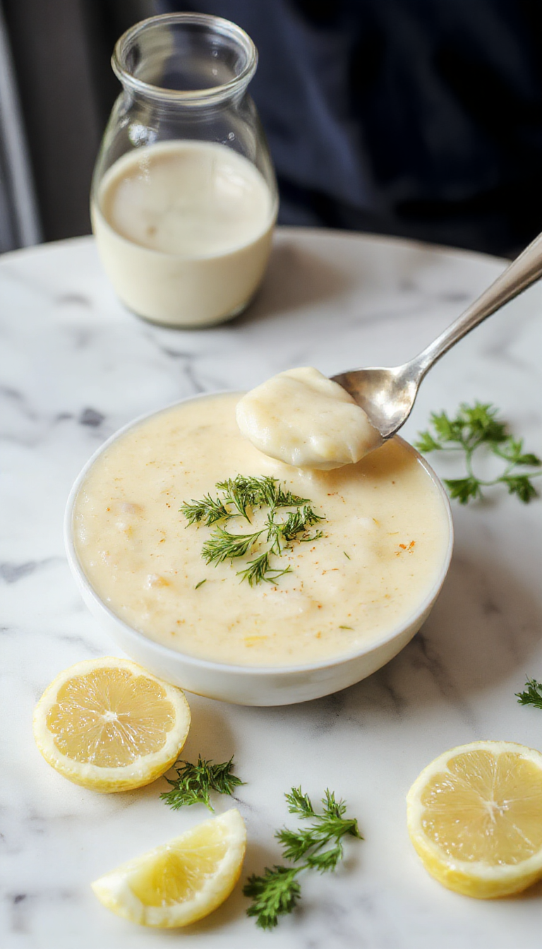 A creamy, pale green soup served in a white bowl garnished with a sprig of fresh herbs and a wedge of lemon. The soup's smooth texture is visible, and the bowl is placed on a rustic wooden surface with a background of fresh artichokes and lemon slices, evoking a fresh, summery feel.