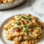 A creamy chicken casserole in a rustic ceramic baking dish, topped with a golden-brown cheesy crust, garnished with fresh herbs, surrounded by vegetables on a wooden table.