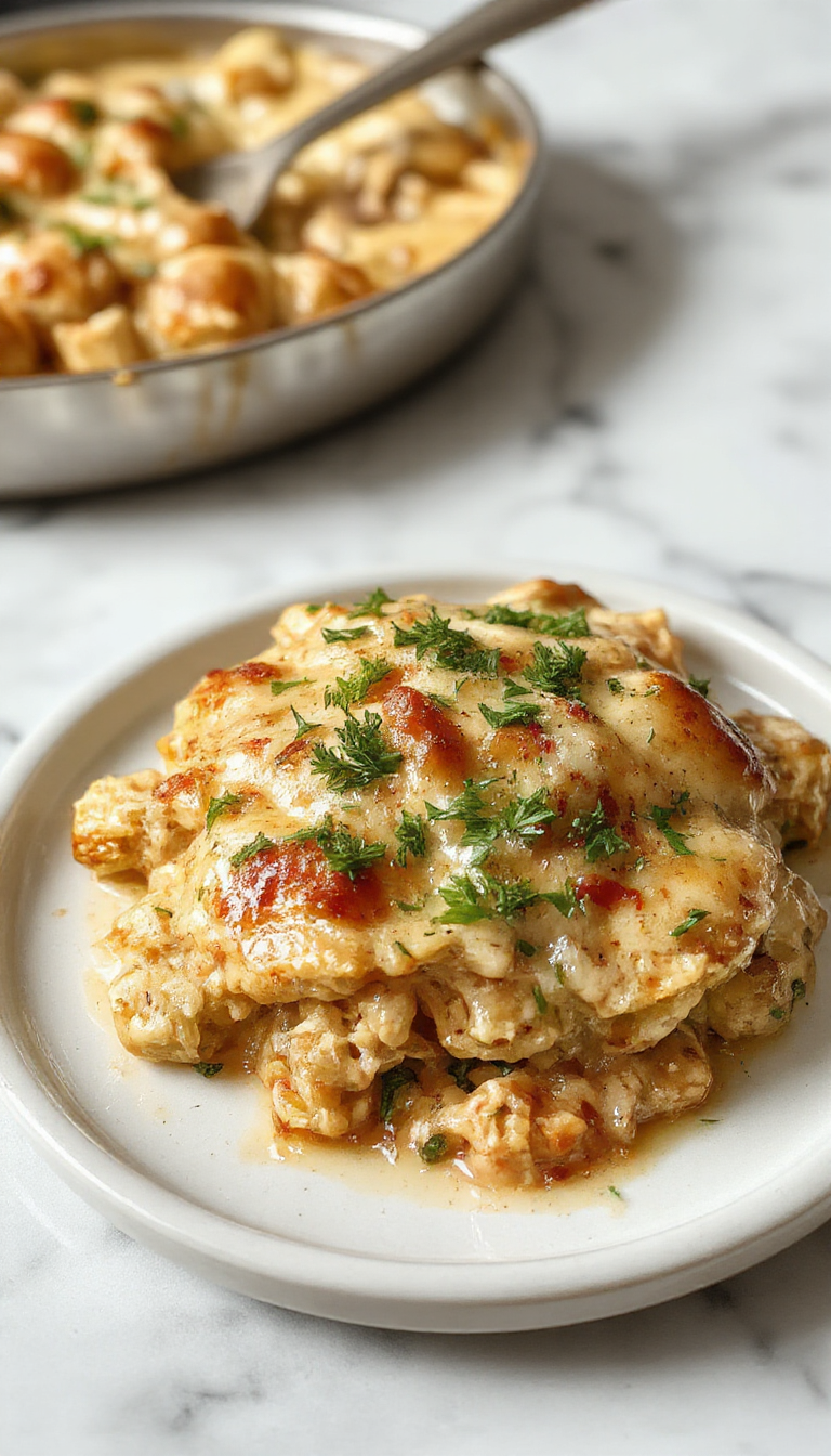 A creamy chicken casserole in a rustic ceramic baking dish, topped with a golden-brown cheesy crust, garnished with fresh herbs, surrounded by vegetables on a wooden table.