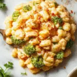A close-up of a creamy broccoli cheddar orzo dish served in a rustic white bowl. The orzo pasta is coated in a velvety cheese sauce, dotted with fresh green broccoli florets, with melted cheddar cheese stretchy and golden in some areas. The presentation emphasizes a hearty, comforting meal with vibrant green broccoli contrasting against the rich orange-yellow cheese sauce, garnished with a sprinkle of chopped herbs.