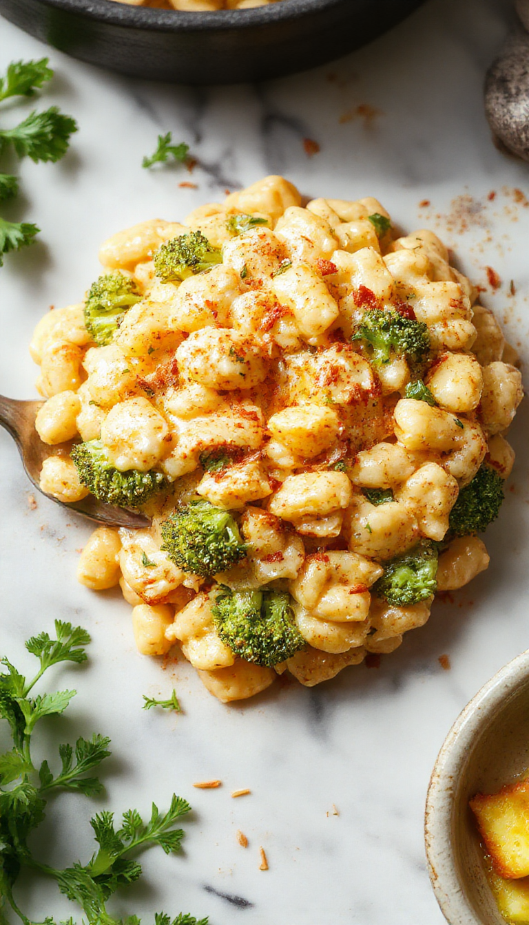 A close-up of a creamy broccoli cheddar orzo dish served in a rustic white bowl. The orzo pasta is coated in a velvety cheese sauce, dotted with fresh green broccoli florets, with melted cheddar cheese stretchy and golden in some areas. The presentation emphasizes a hearty, comforting meal with vibrant green broccoli contrasting against the rich orange-yellow cheese sauce, garnished with a sprinkle of chopped herbs.
