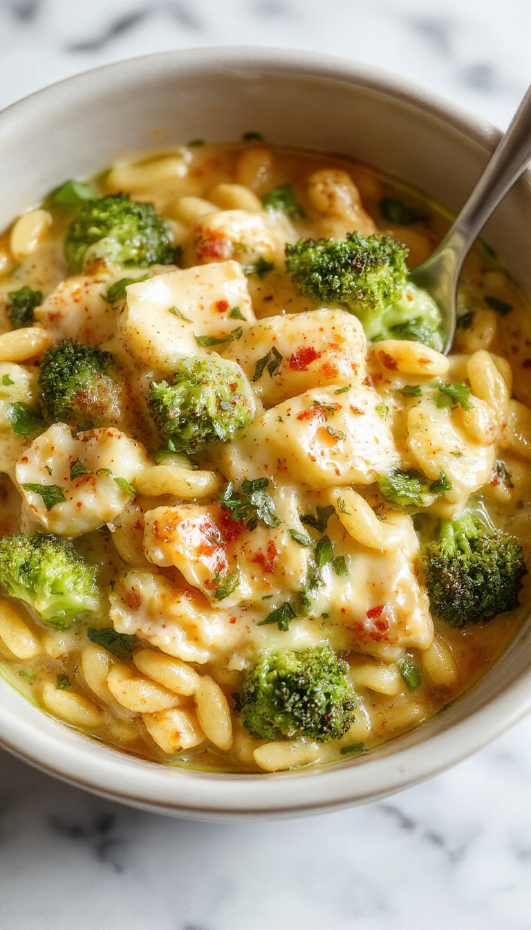 A creamy broccoli cheddar orzo served in a rustic white bowl, topped with melted cheese and fresh broccoli florets. The dish showcases a rich, creamy texture with golden cheese and vibrant green broccoli, contrasted by a sprinkle of herbs on top. The background features a wooden table with a spoon partially immersed in the orzo, highlighting its comforting appeal.