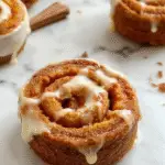 A slice of creamy pumpkin spice roll cake with swirls of orange and cream filling visible, topped with a light dusting of powdered sugar, and presented on a rustic white plate. The cake's moist texture and rich, spiced aroma are evident, with a smooth, glossy glaze highlighting its inviting appearance.