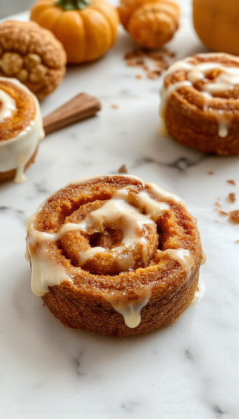 A slice of creamy pumpkin spice roll cake with swirls of orange and cream filling visible, topped with a light dusting of powdered sugar, and presented on a rustic white plate. The cake's moist texture and rich, spiced aroma are evident, with a smooth, glossy glaze highlighting its inviting appearance.