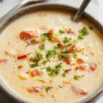 A steaming bowl of Creamy Reuben Soup garnished with shredded Swiss cheese, chopped corned beef, and a sprig of parsley. The bowl is placed on a rustic wooden table with a slice of rye bread and a small ramekin of thousand island dressing beside it, inviting a hearty, comforting meal. The soup has a smooth, creamy texture with bits of beef and melted cheese visible, creating an appetizing contrast of colors and textures.