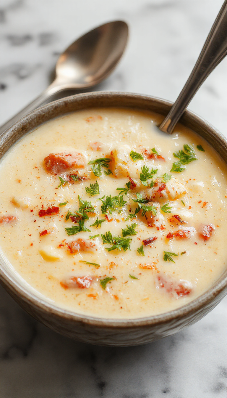 A steaming bowl of Creamy Reuben Soup garnished with shredded Swiss cheese, chopped corned beef, and a sprig of parsley. The bowl is placed on a rustic wooden table with a slice of rye bread and a small ramekin of thousand island dressing beside it, inviting a hearty, comforting meal. The soup has a smooth, creamy texture with bits of beef and melted cheese visible, creating an appetizing contrast of colors and textures.