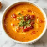 A vibrant bowl of creamy roasted tomato and red pepper soup, garnished with a swirl of cream and fresh herbs. The soup has a rich, velvety texture with roasted red pepper and tomato pieces visible, served in a rustic white bowl on a wooden table with a slice of toasted bread on the side.