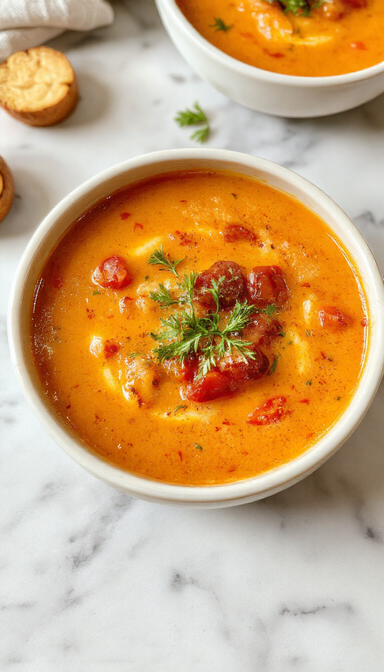 A vibrant bowl of creamy roasted tomato and red pepper soup, garnished with a swirl of cream and fresh herbs. The soup has a rich, velvety texture with roasted red pepper and tomato pieces visible, served in a rustic white bowl on a wooden table with a slice of toasted bread on the side.