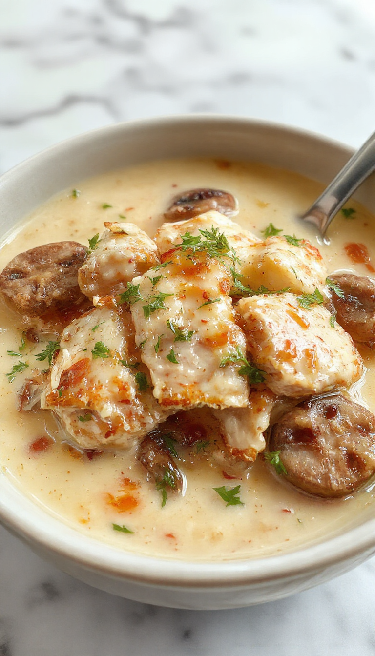 A bowl of creamy rotisserie chicken and mushroom soup garnished with chopped herbs and a drizzle of cream. The soup has a rich, velvety texture with visible chunks of tender chicken and sliced mushrooms, presented on a rustic wooden table with a spoon and fresh herbs beside it.