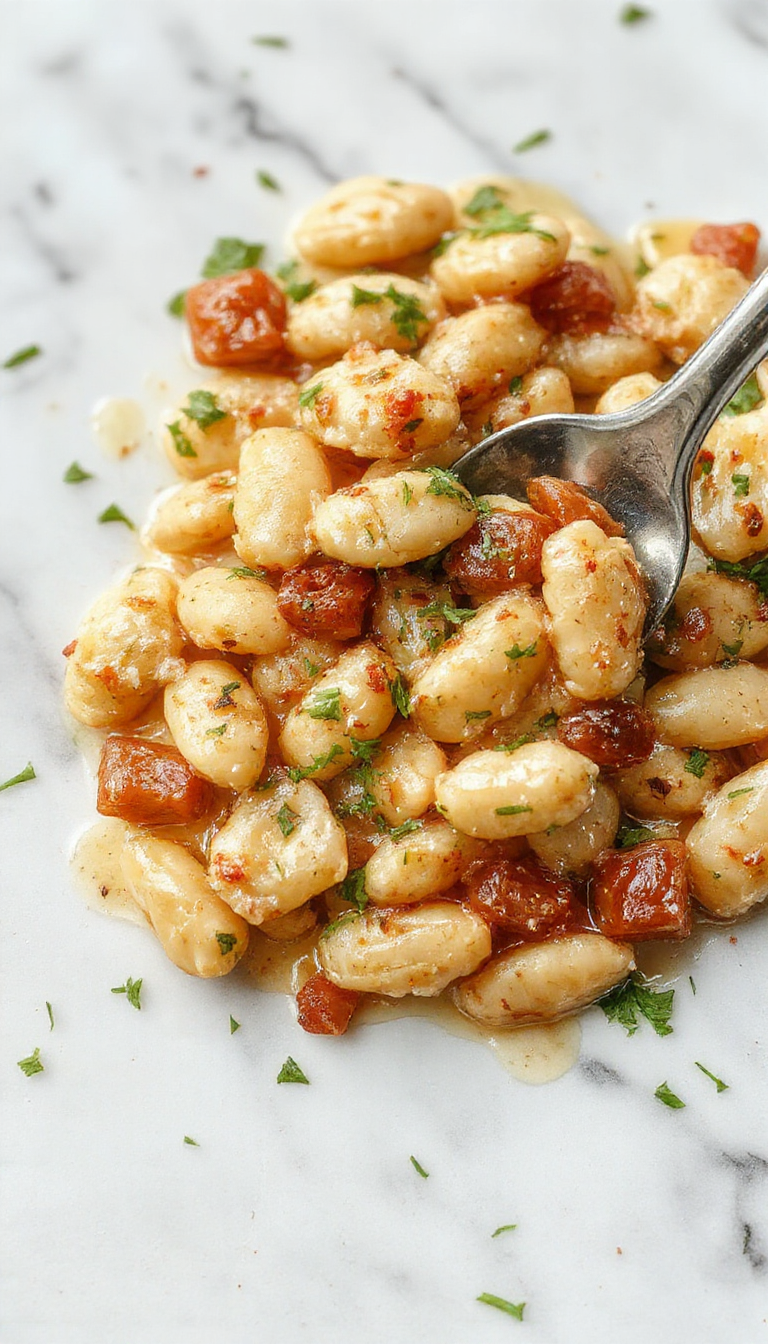 A creamy Tuscan butter beans dish served in a rustic white bowl, garnished with fresh herbs. The beans are coated in a rich, velvety sauce with glimpses of spinach and crispy bacon bits, surrounded by vibrant green beans on a wooden table with natural lighting.