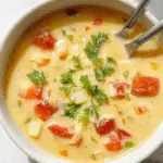 A bowls of creamy vegetable soup topped with fresh herbs and a sprinkle of grated cheese, vibrant orange and green colors contrasted with the white creamy base, served in rustic bowls on a wooden table with a spoon beside the dish.