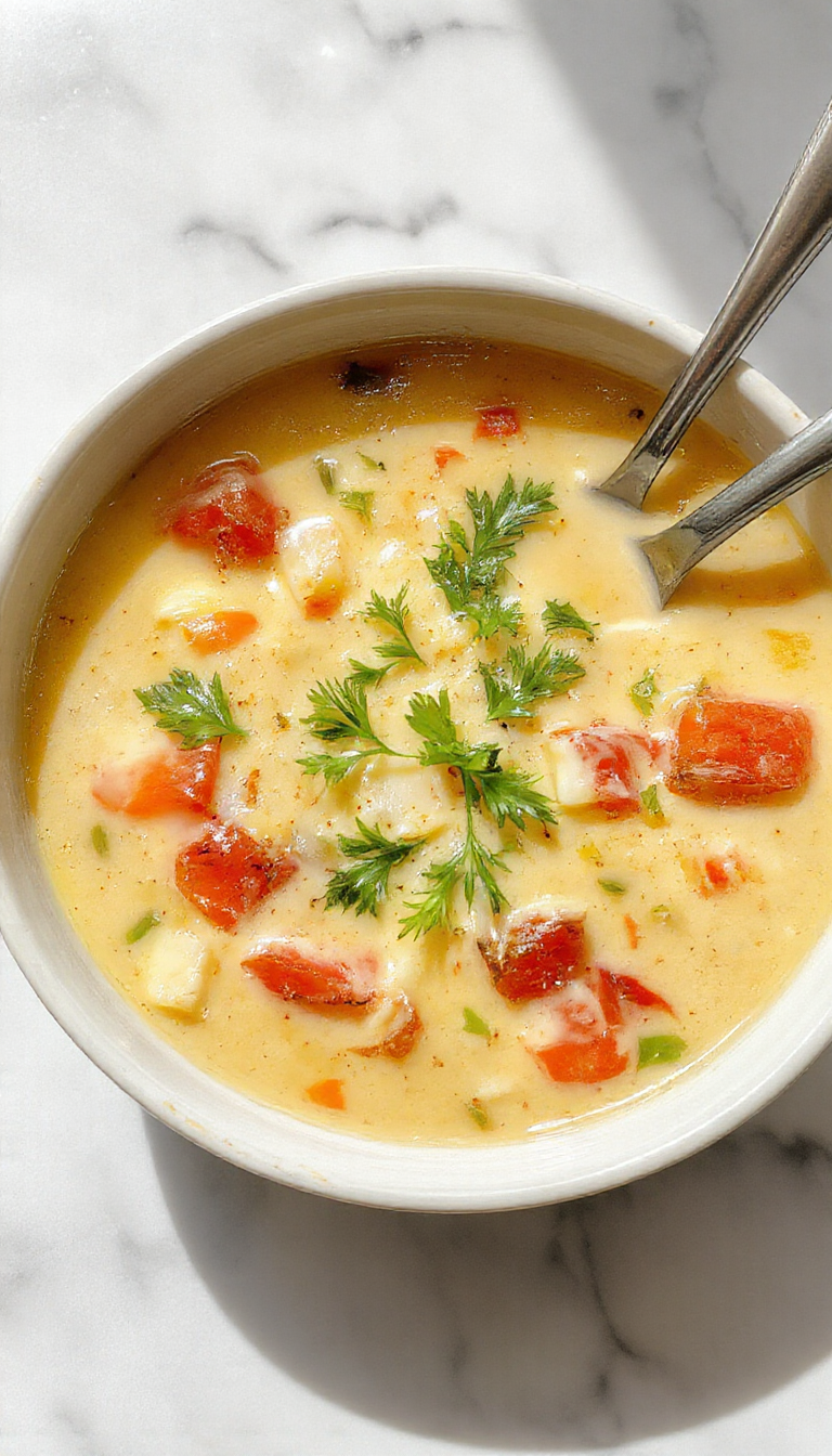 A bowls of creamy vegetable soup topped with fresh herbs and a sprinkle of grated cheese, vibrant orange and green colors contrasted with the white creamy base, served in rustic bowls on a wooden table with a spoon beside the dish.