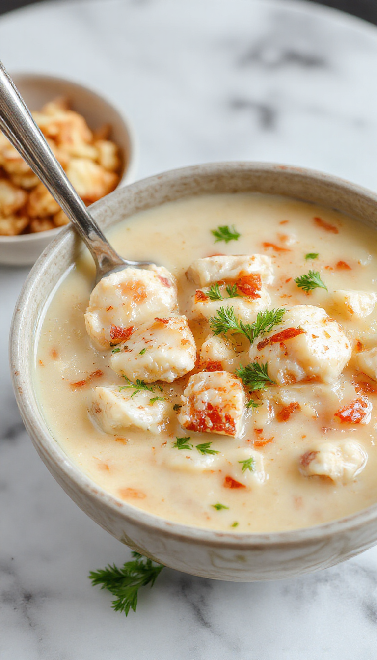 A steaming bowl of creamy white chicken and rice soup sits on a rustic wooden table. The soup is thick and velvety, with tender chunks of shredded chicken, bright white rice, and a creamy broth. Garnished with fresh herbs, possibly parsley or thyme, and a sprinkle of black pepper, the bowl is accompanied by a crusty bread roll in the background, emphasizing comfort and warmth. The presentation is inviting, highlighting the rich textures and inviting aroma of the dish.