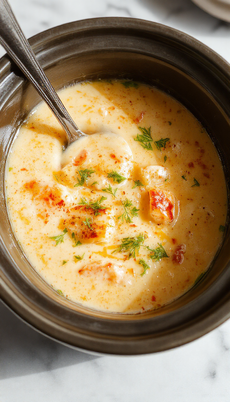 A steaming bowl of creamy chicken parmesan soup topped with shredded mozzarella and fresh basil. The soup has a rich, velvety texture with chunks of chicken and tomatoes visible. The bowl is placed on a rustic wooden table with a spoon resting beside it, and a sprig of basil adds a touch of green contrast.
