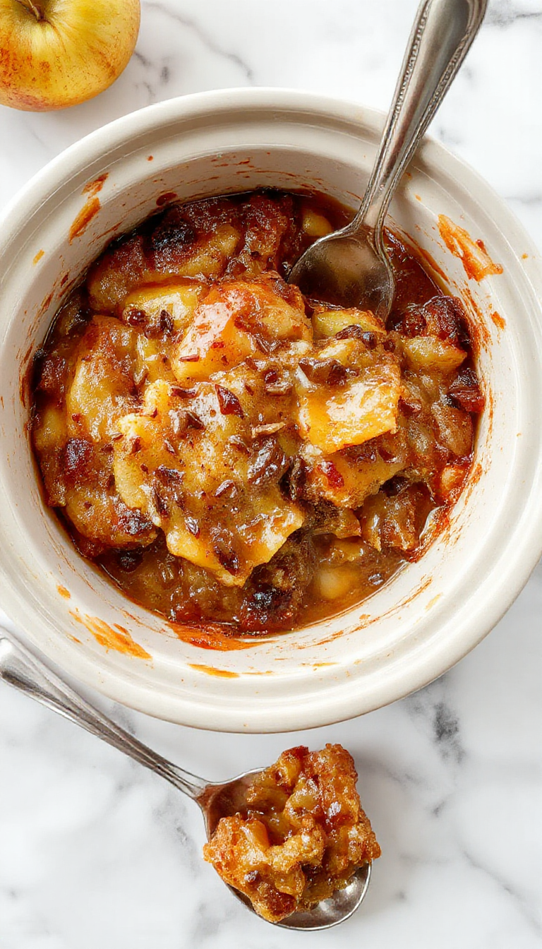 A warm, golden-brown caramel apple dump cake served in a rustic ceramic dish. Topped with a light drizzle of caramel sauce and garnished with chopped nuts and fresh apple slices. The dessert layers reveal tender apple pieces beneath a crumbly, cinnamon-spiced cake crust, all presented on a wooden table with autumn-themed decorations in the background.