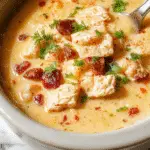 A bowl of creamy chicken taco soup garnished with fresh cilantro and sliced jalapenos, with melted cream cheese visible in the vibrant, hearty broth. The soup is in a rustic white bowl, set on a wooden surface with a spoon resting inside, and colorful toppings scattered around for a cozy, inviting presentation.