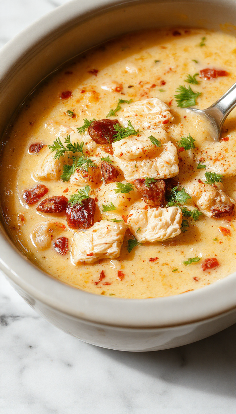 A bowl of creamy chicken taco soup garnished with fresh cilantro and sliced jalapenos, with melted cream cheese visible in the vibrant, hearty broth. The soup is in a rustic white bowl, set on a wooden surface with a spoon resting inside, and colorful toppings scattered around for a cozy, inviting presentation.
