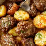 A close-up of tender, golden-brown beef bites glazed with garlic butter, nestled alongside crispy roasted potatoes on a rustic white plate. The beef appears juicy and well-seasoned, with a slight caramelization on the edges. Garnished with fresh chopped parsley, the dish is set on a wooden table with a blurred background, highlighting a hearty and inviting presentation.
