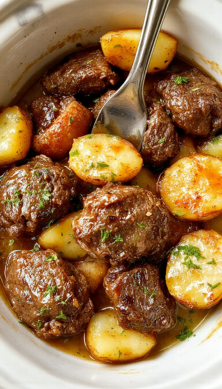 A close-up of tender, golden-brown beef bites glazed with garlic butter, nestled alongside crispy roasted potatoes on a rustic white plate. The beef appears juicy and well-seasoned, with a slight caramelization on the edges. Garnished with fresh chopped parsley, the dish is set on a wooden table with a blurred background, highlighting a hearty and inviting presentation.