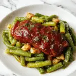 A vibrant dish featuring sliced kielbasa sausage with tender green beans, served in a rustic white bowl. The sausage has a caramelized exterior, and the green beans are bright and glossy, garnished with chopped herbs. The background shows a cozy kitchen setting with a wooden table and natural lighting emphasizing the savory textures and colorful presentation.