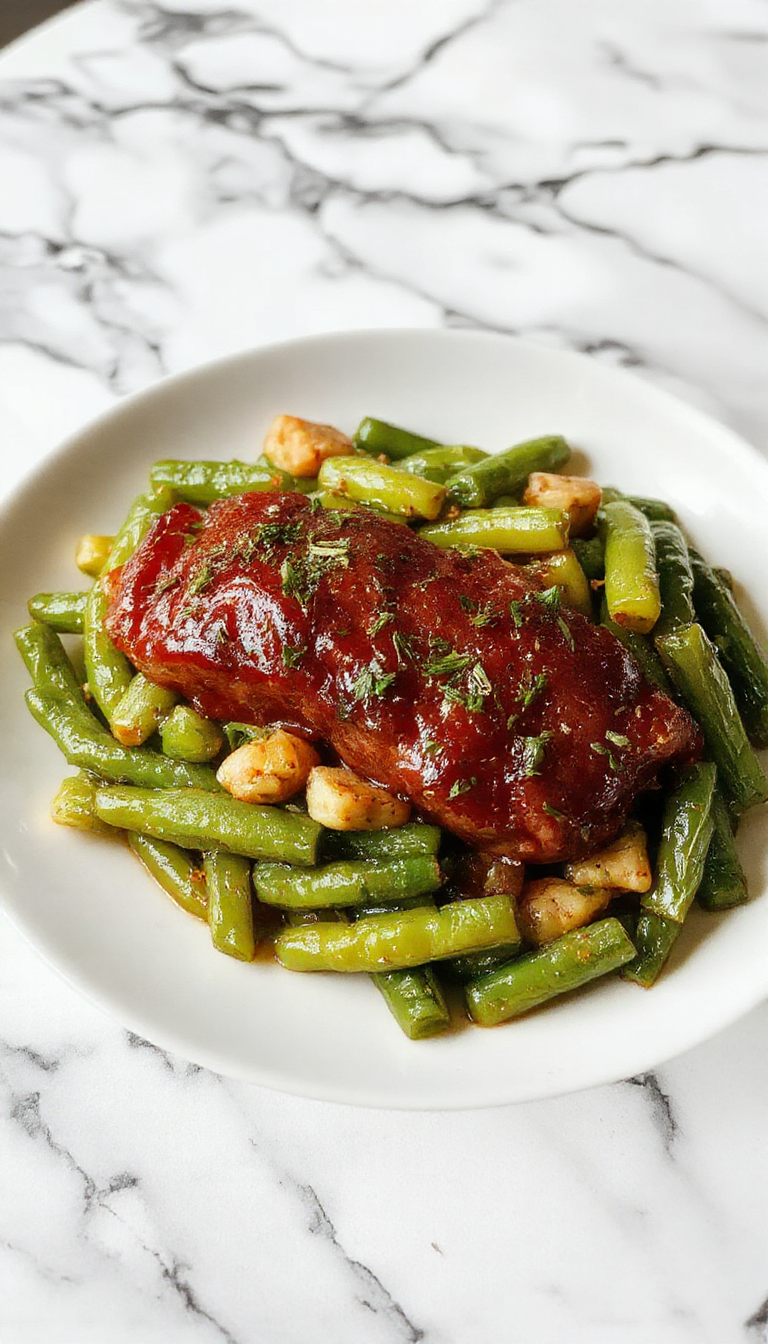 A vibrant dish featuring sliced kielbasa sausage with tender green beans, served in a rustic white bowl. The sausage has a caramelized exterior, and the green beans are bright and glossy, garnished with chopped herbs. The background shows a cozy kitchen setting with a wooden table and natural lighting emphasizing the savory textures and colorful presentation.