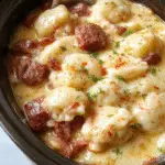 A hearty casserole featuring golden-brown pierogis and slices of kielbasa arranged in a baking dish, topped with melted cheese and garnished with fresh herbs, with steam rising suggesting warmth.