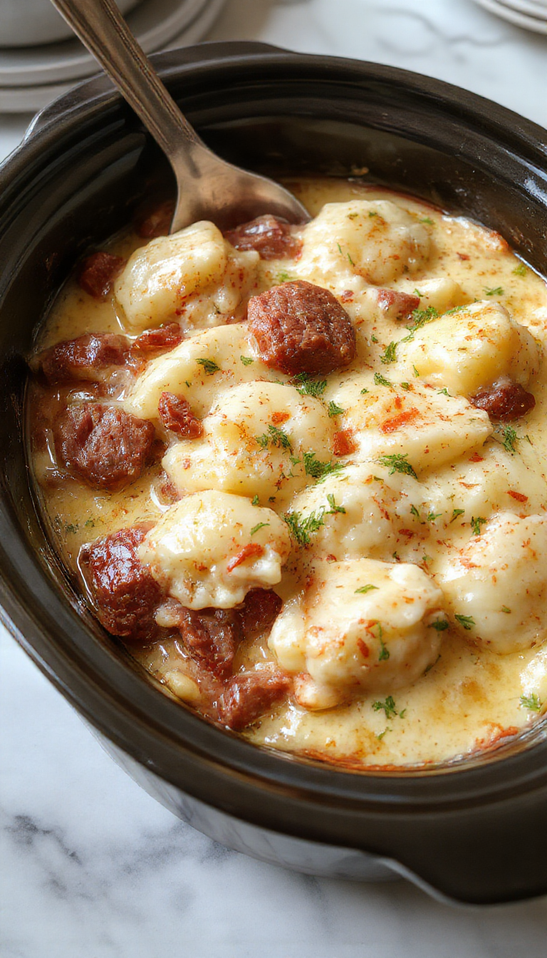 A hearty casserole featuring golden-brown pierogis and slices of kielbasa arranged in a baking dish, topped with melted cheese and garnished with fresh herbs, with steam rising suggesting warmth.