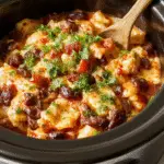 A colorful crockpot taco casserole displayed in a round ceramic dish with layers of seasoned beef, melted cheese, sliced tomatoes, lettuce, and a dollop of sour cream on top. Fresh cilantro sprigs garnish the dish, set against a rustic wooden table with a side of corn chips.